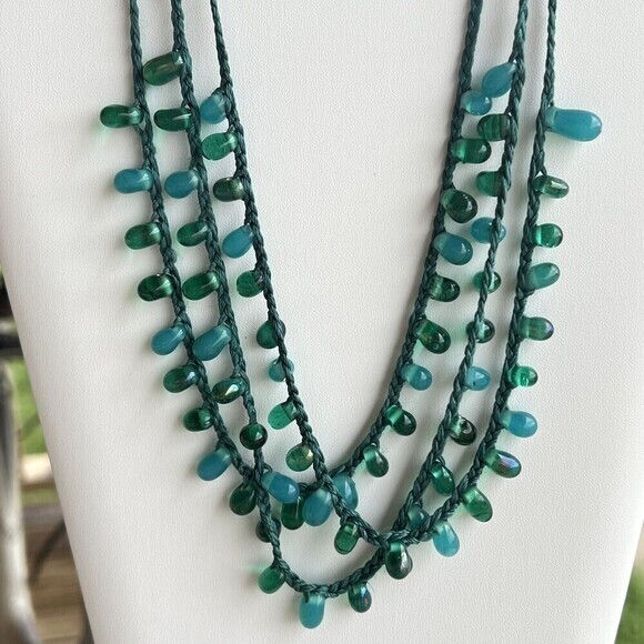 HANDMADE Multistrand Turquoise Glass Bead Necklace 19 in + 2.5 in Ext. Blue Teal - Picture 3 of 8